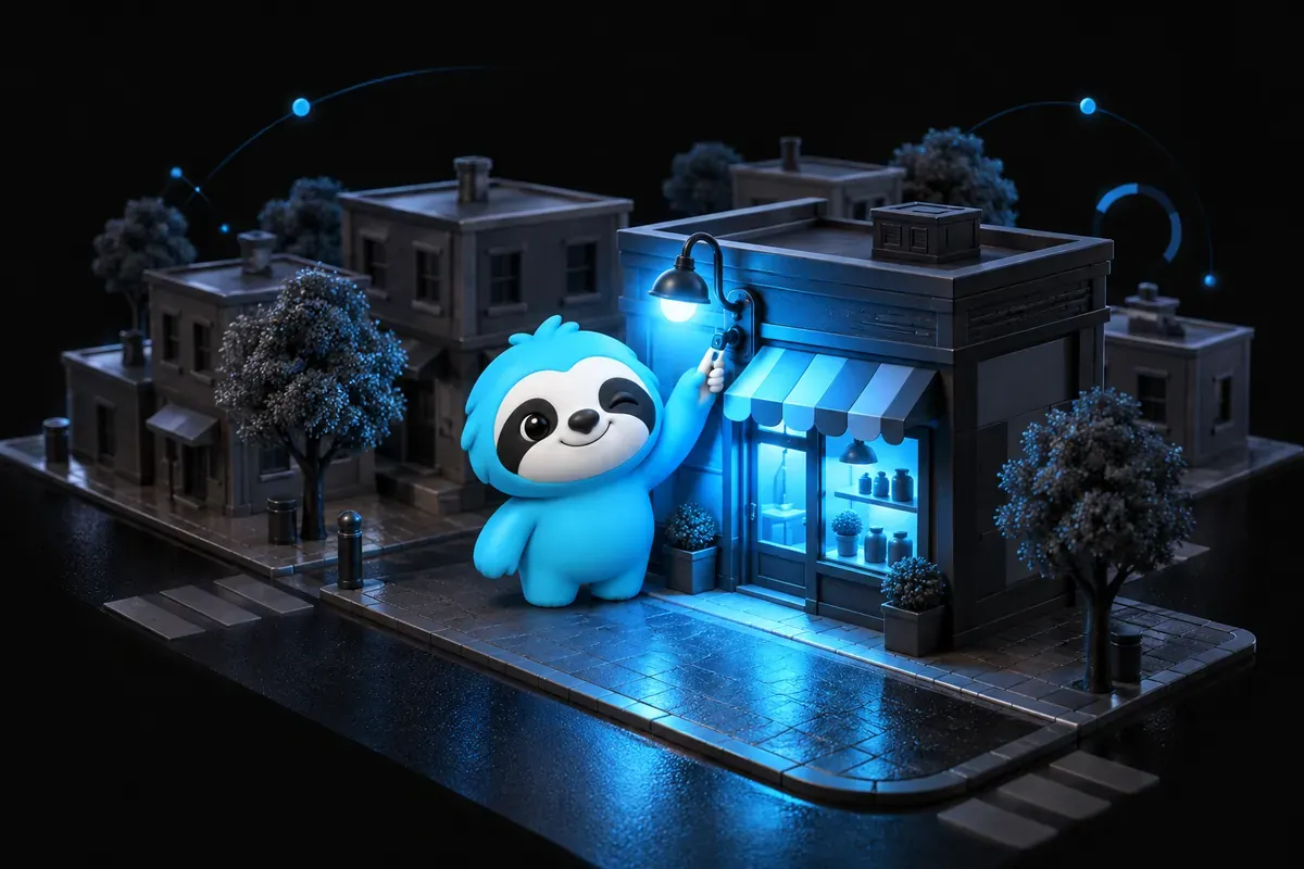 Local SEO : paresseux commerçant qui allume une lampe sur sa boutique dans un plan de quartier