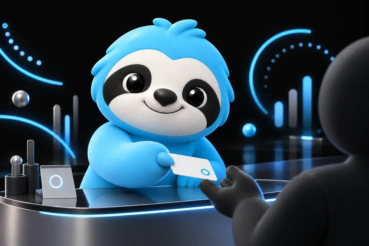 Google review link: a sloth at a shop counter hands a customer a small card