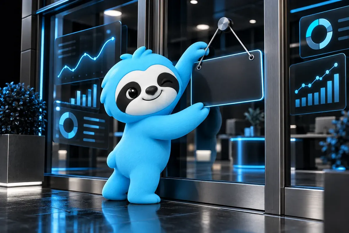 Google Business Profile SEO: a sloth hangs its shop sign on a large window