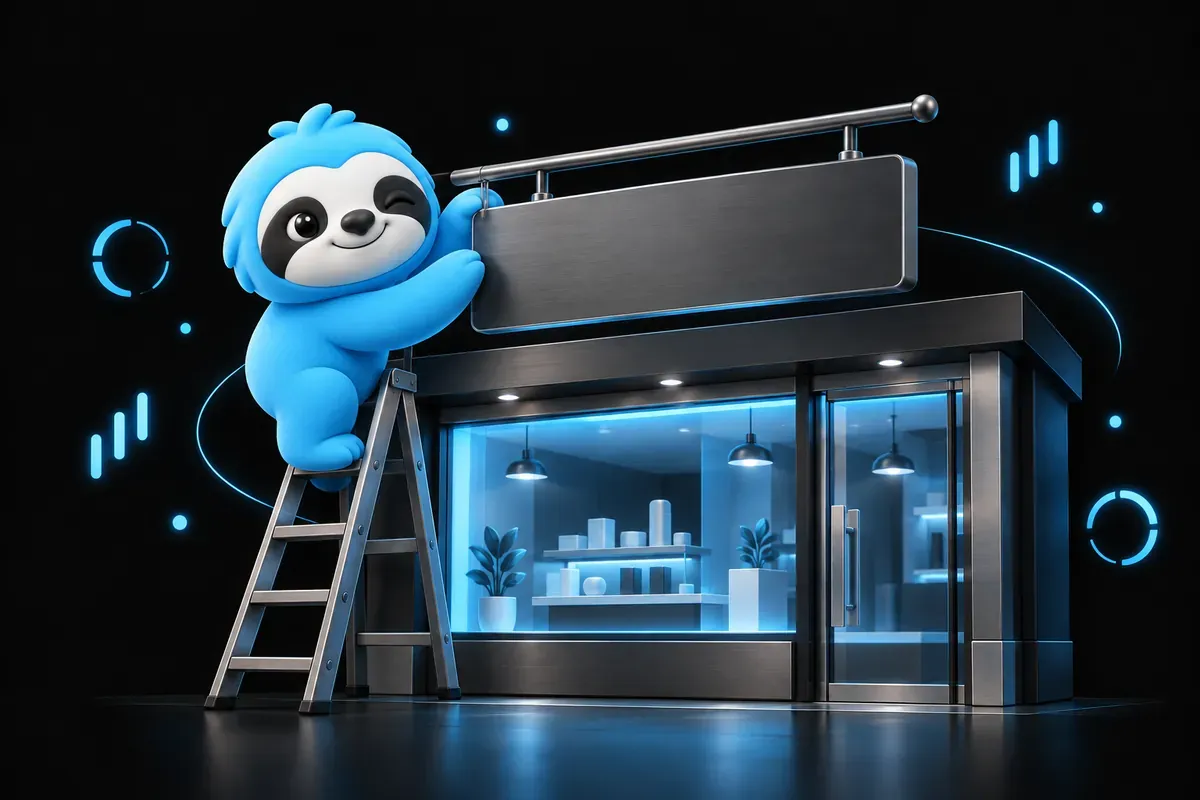 Fiche Google My Business : paresseux qui accroche l’enseigne de sa boutique sur une grande vitrine