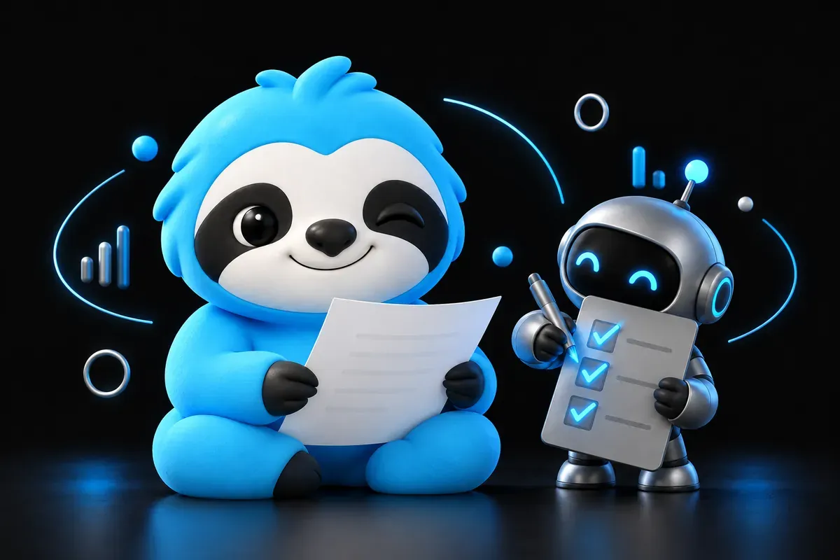 Agent SEO : petit robot qui coche une liste de tâches pendant que le paresseux relit
