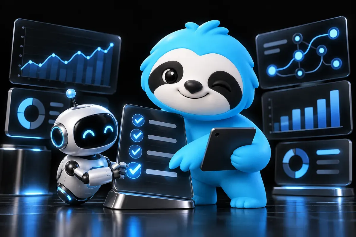 SEO agent: a sloth supervises a small robot that ticks items off a checklist