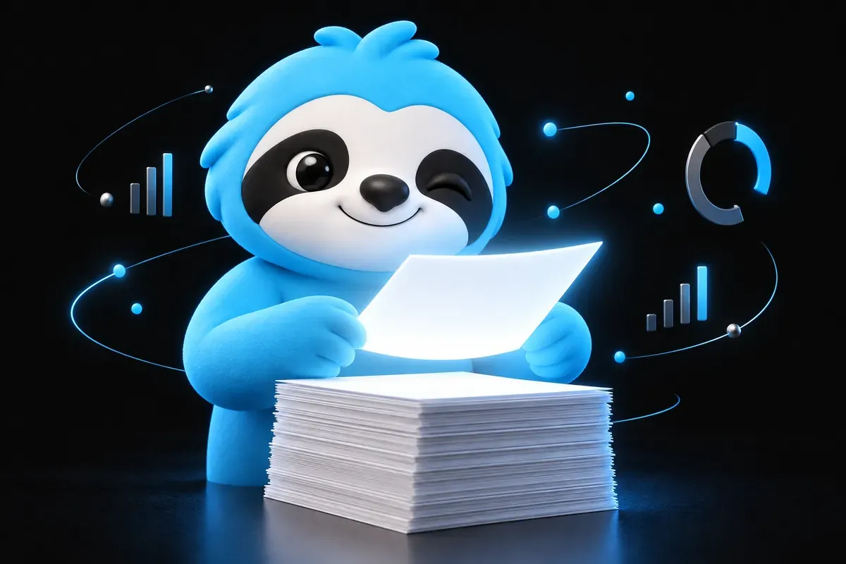 AI Overview : paresseux qui lit un résumé posé au-dessus d'une pile de pages web