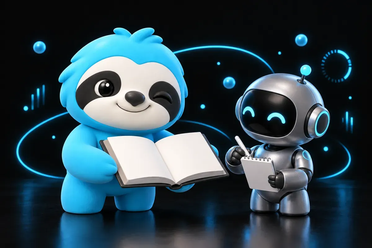 Référencement ChatGPT : paresseux qui tend un livre ouvert à un robot qui prend des notes