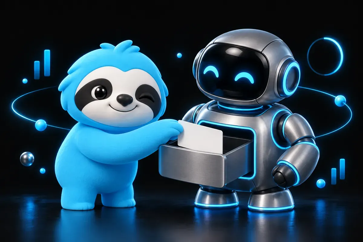 Generative engine optimization : paresseux qui glisse une fiche bien rangée dans la mémoire d’un robot