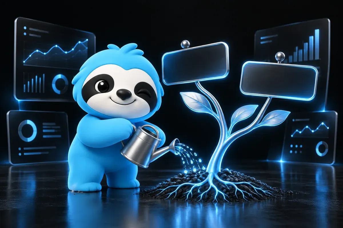 GEO vs SEO: a sloth waters one plant that feeds two different signposts