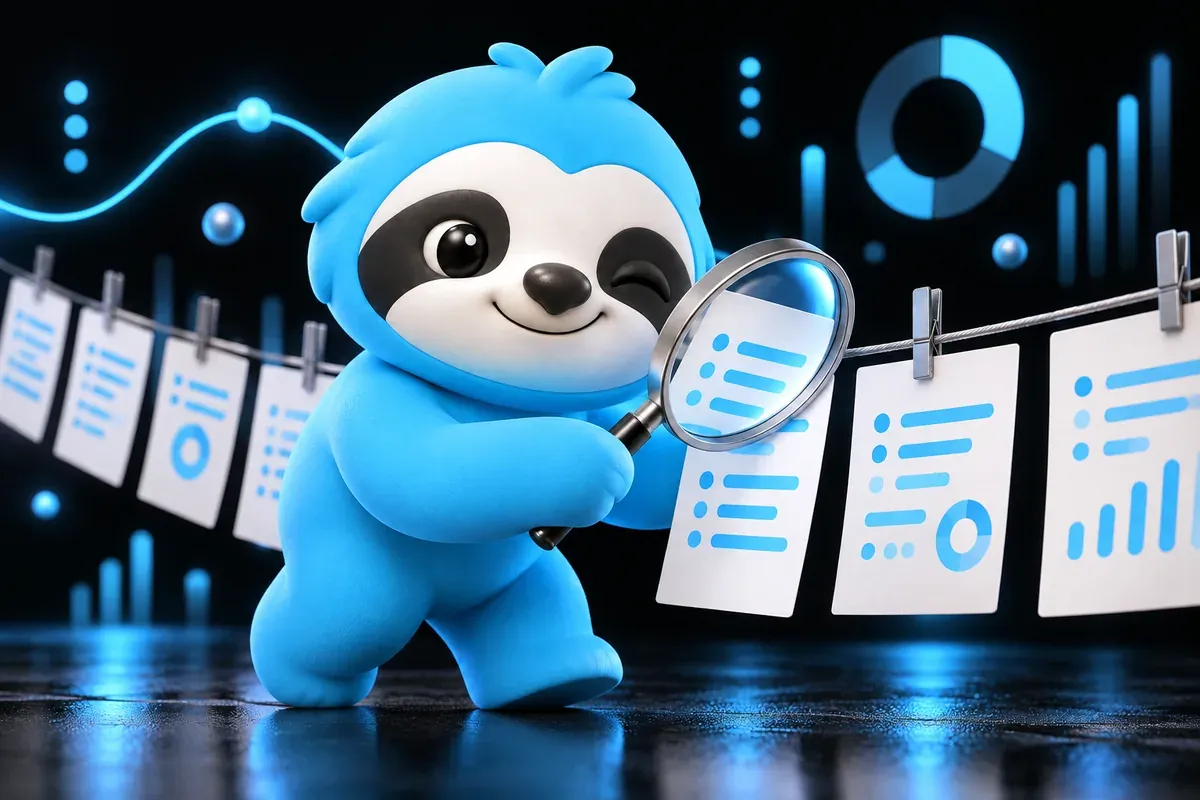 WordPress SEO audit: a sloth inspects a website page by page with a magnifier