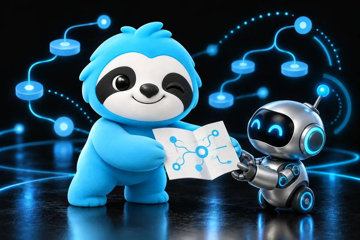 WordPress sitemap: a sloth hands a folded site map to a search engine robot
