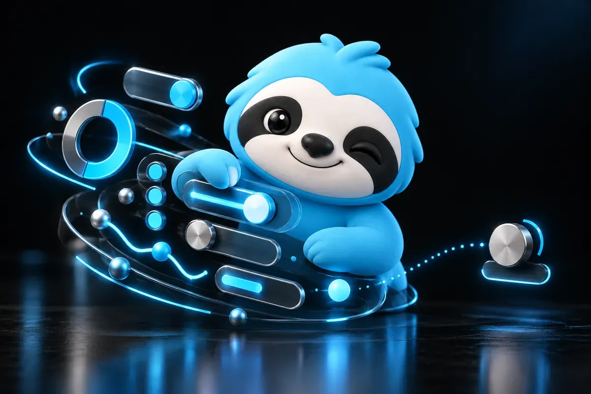 Webflow SEO: a sloth checks the settings panel of a website builder