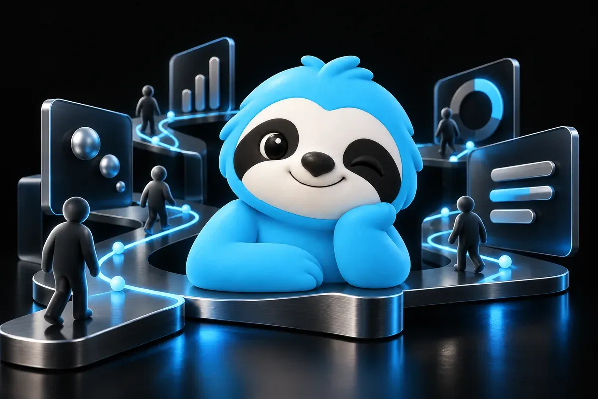 What is GA4: a sloth watches visitors move through the pages of a small shop