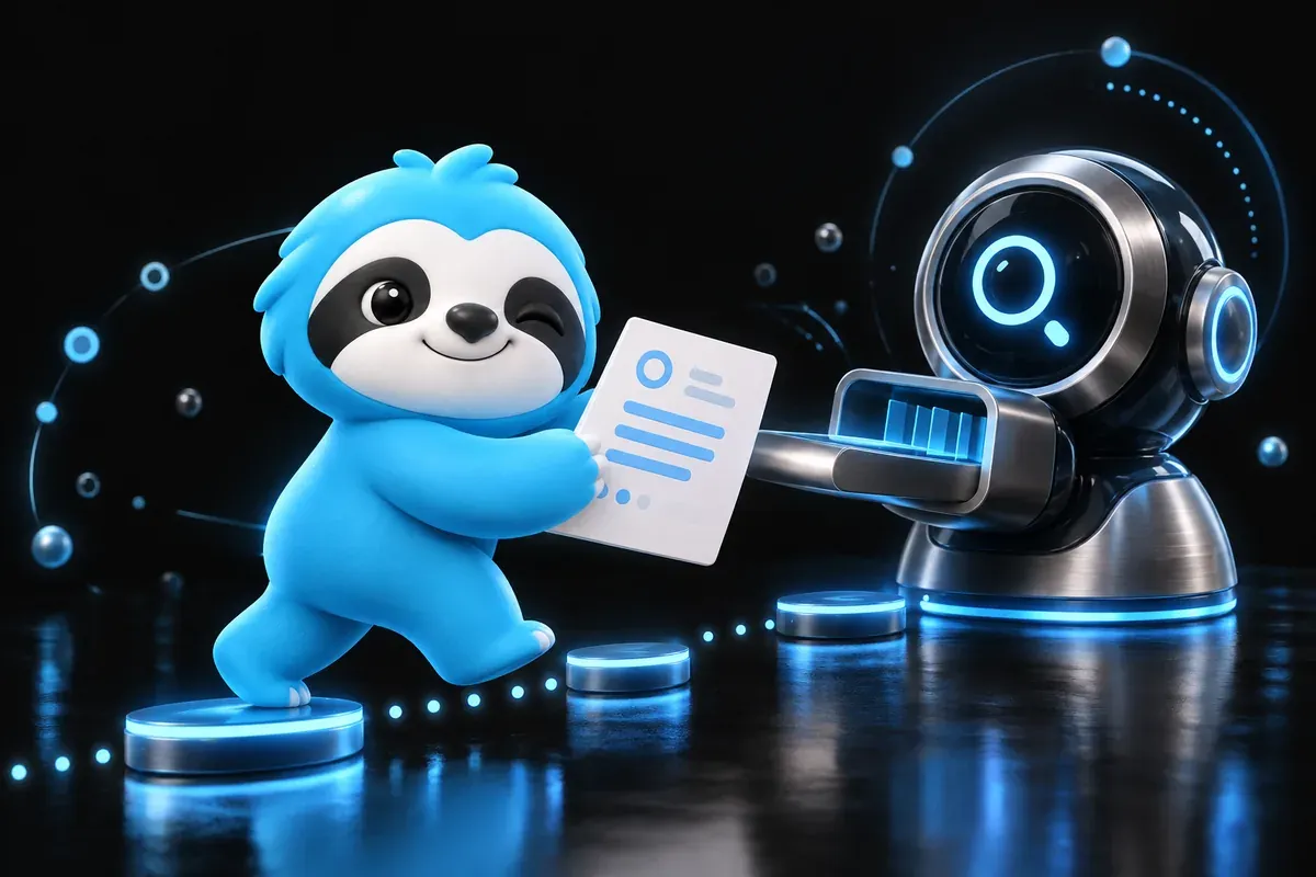How to index website on Google: a sloth carries a new page to a search robot