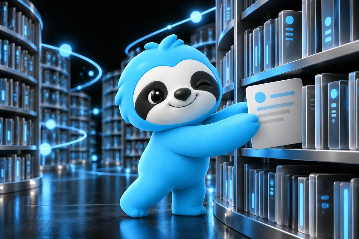 Indexing in SEO: a sloth files a web page on a shelf of a giant library