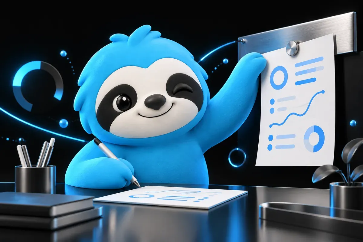 Content brief: a sloth pins a one-page plan above the desk before writing