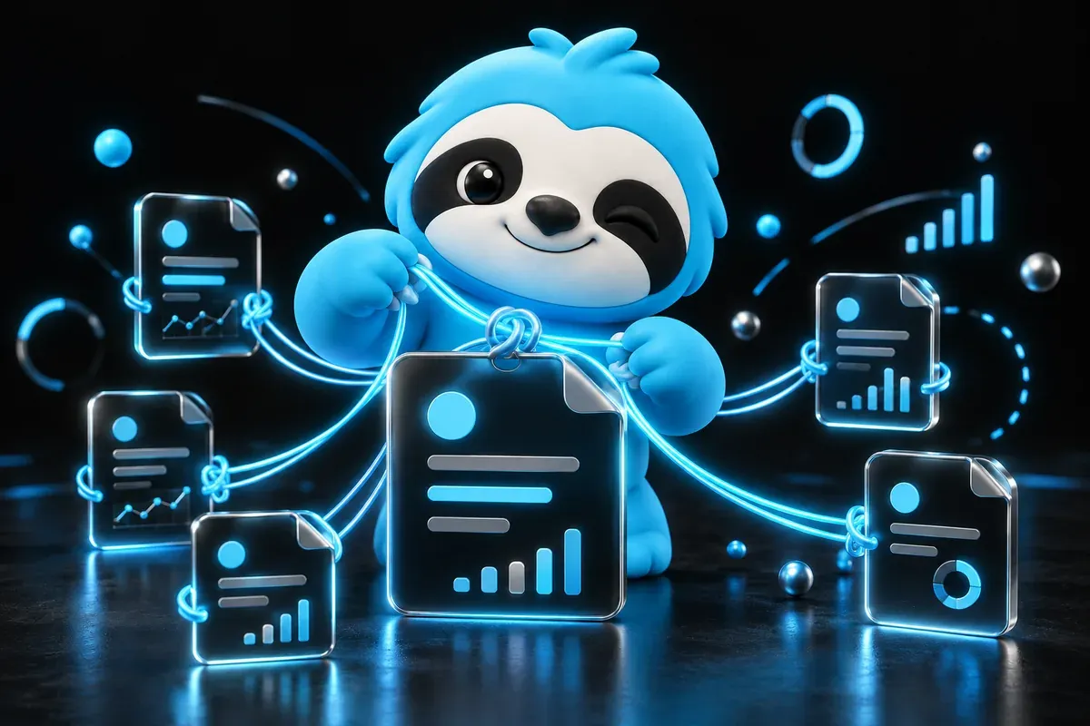 Topic cluster: a sloth ties cluster pages to a central pillar page with string