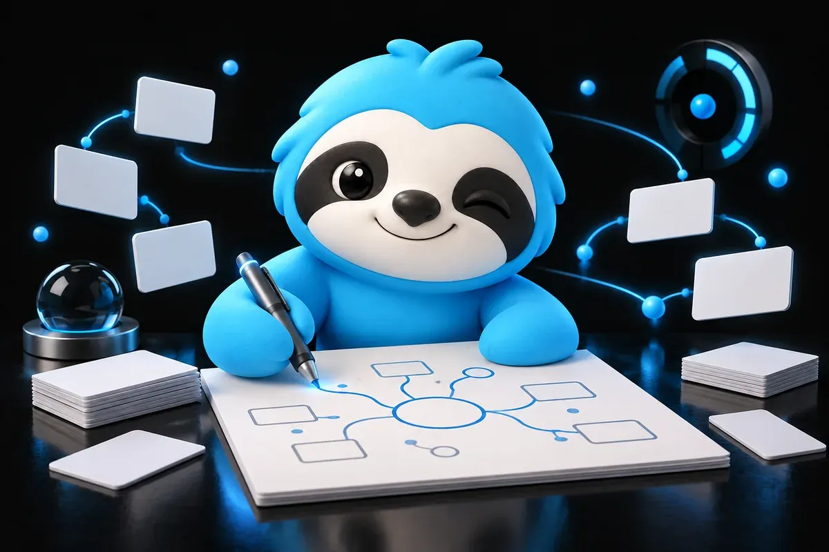 A sloth sketches a tree of page topics on paper before writing anything
