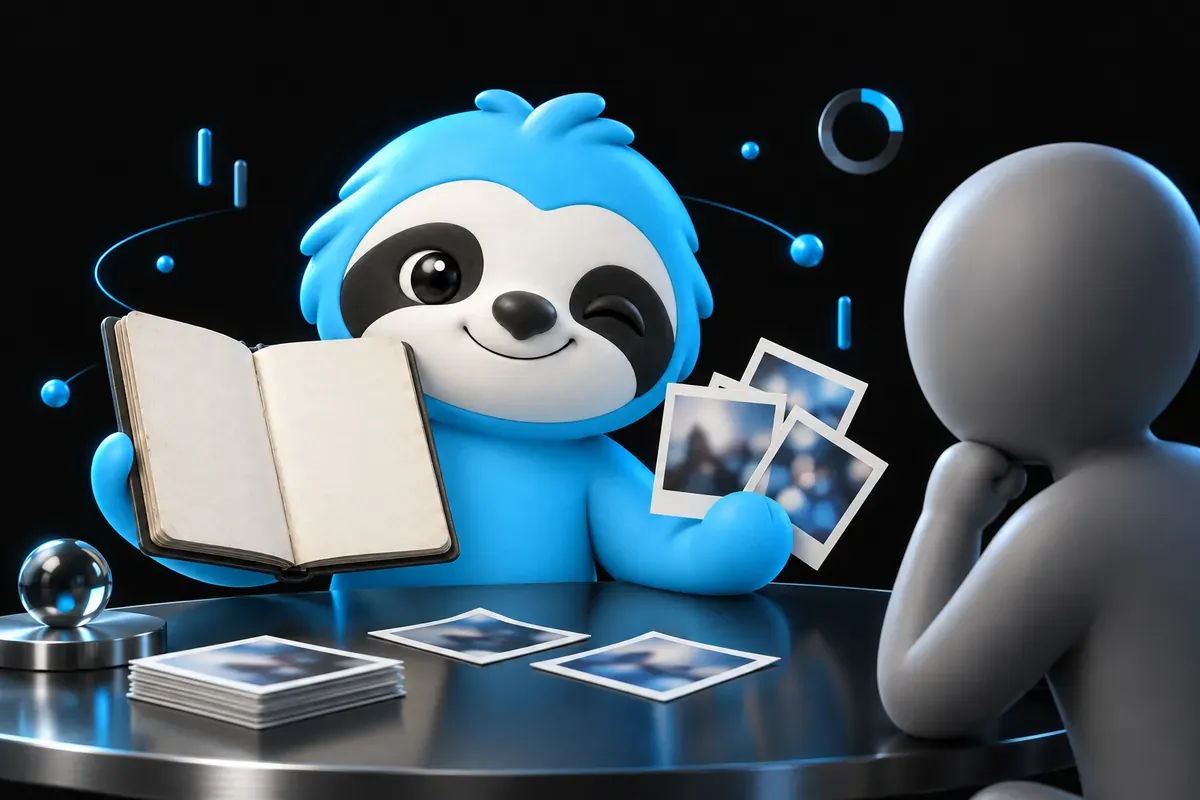 EEAT SEO : paresseux qui présente fièrement son carnet de tests et ses photos à un visiteur