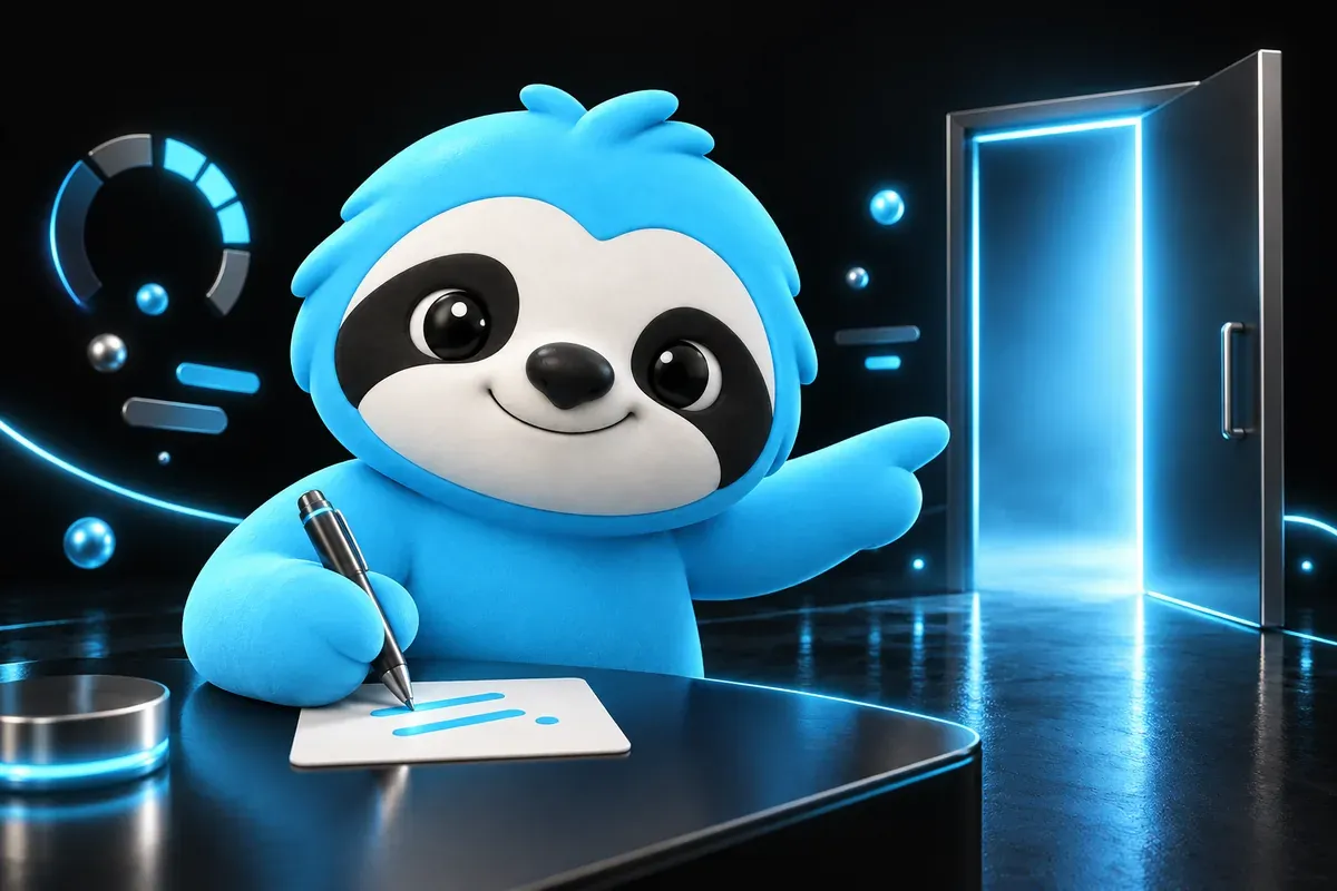A sloth writes a short promise on a card, then points toward a door
