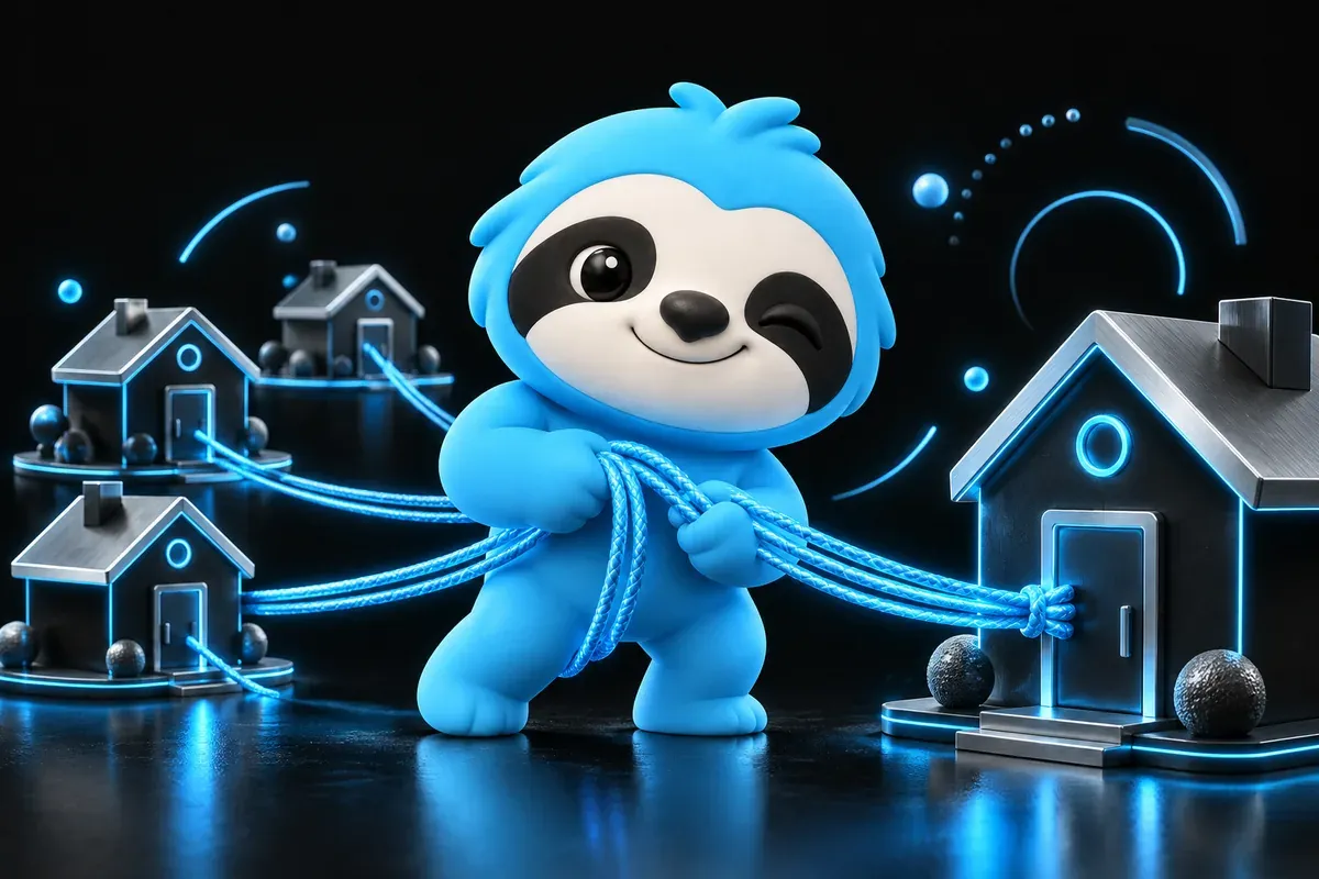 Backlinks: a sloth gathers ropes tied from other houses to its own front door