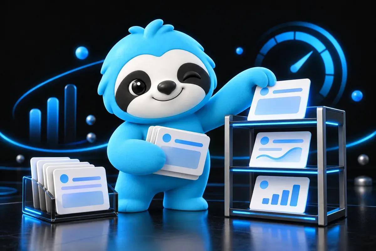 Website optimization: a sloth sorts its web pages one by one on a shelf