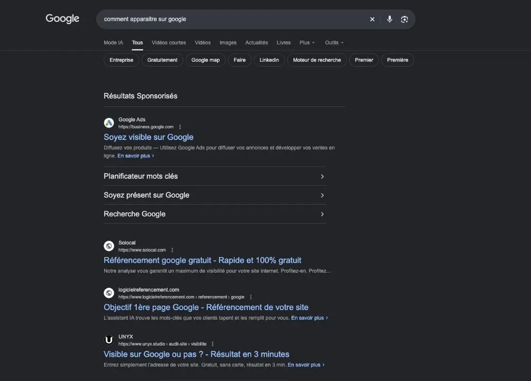 Résultats de Google pour la recherche « comment apparaitre sur google »