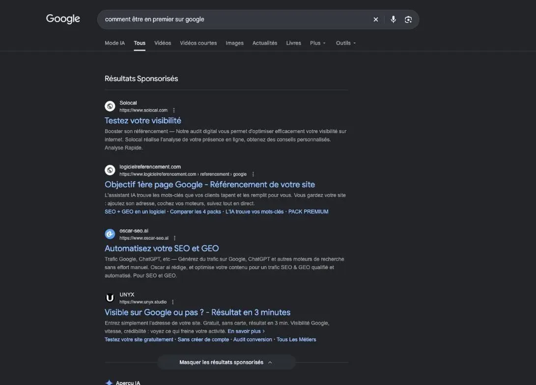 Résultats de Google pour la recherche « comment être en premier sur google »