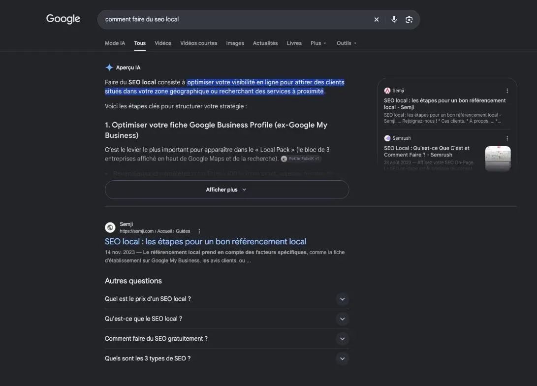 Résultats de Google pour la recherche « comment faire du seo local »