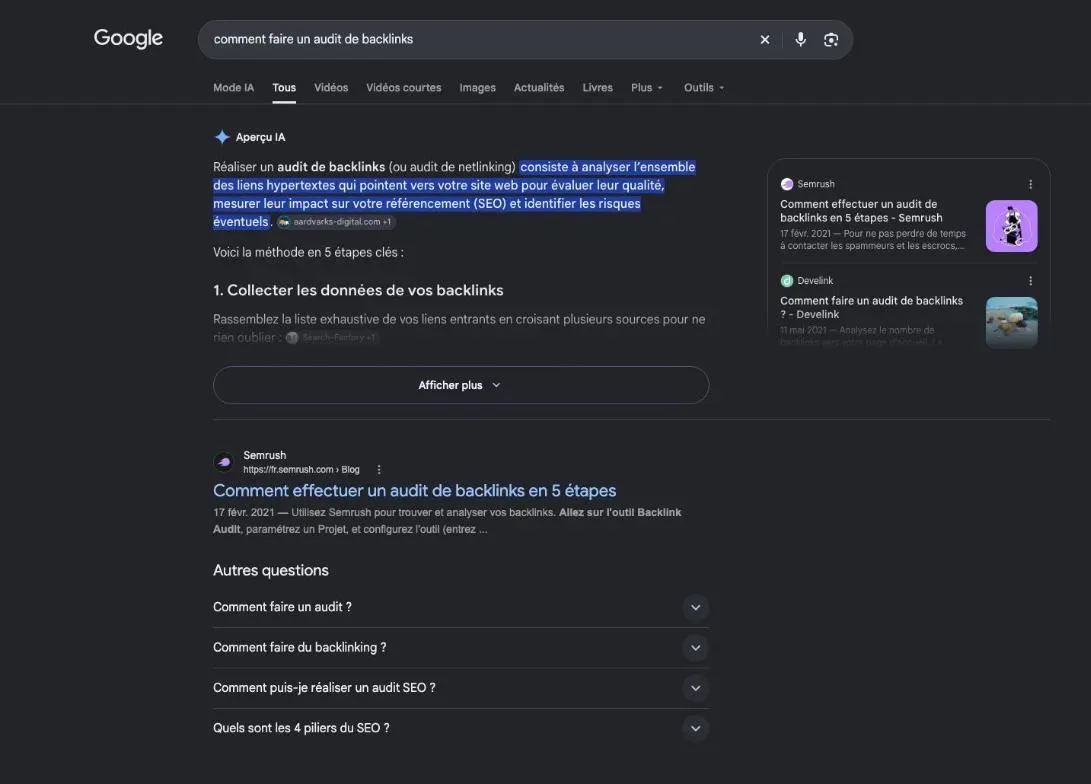Résultats de Google pour la recherche « comment faire un audit de backlinks »