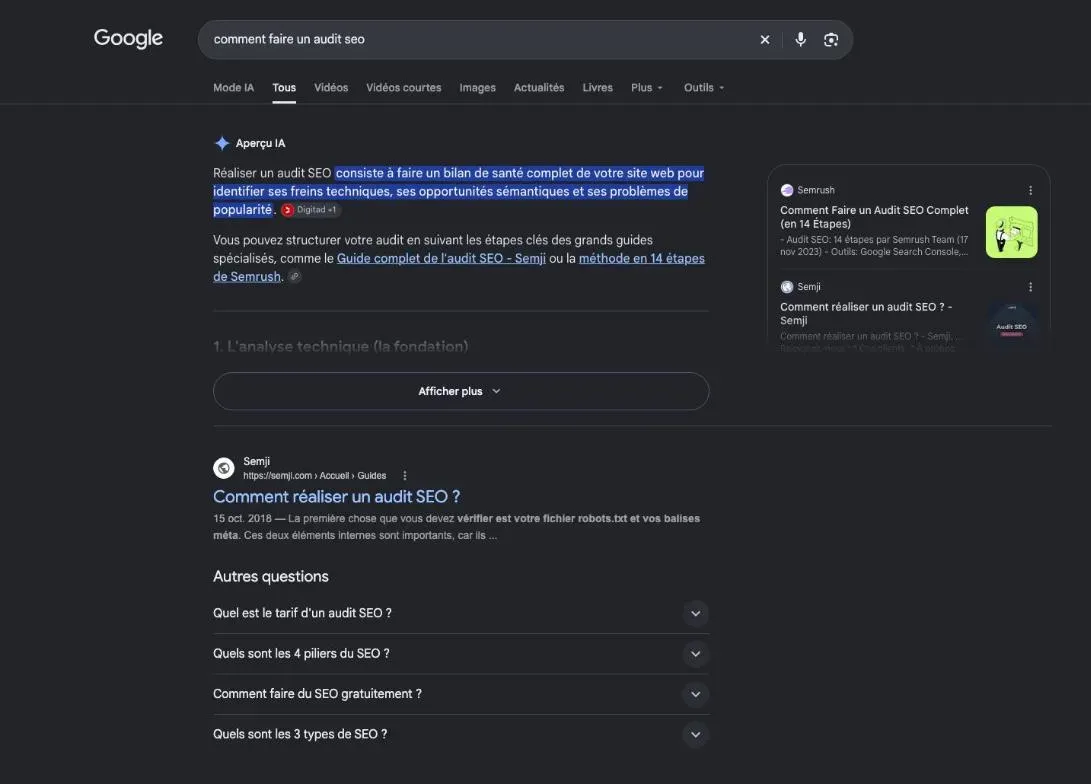 Première page de Google pour la recherche sur la méthode d'un audit de référencement
