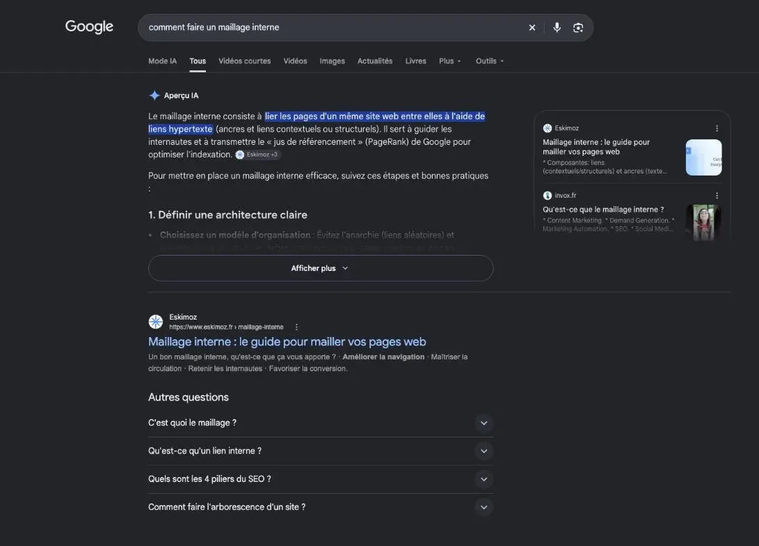 Résultats de Google pour la recherche « comment faire un maillage interne »