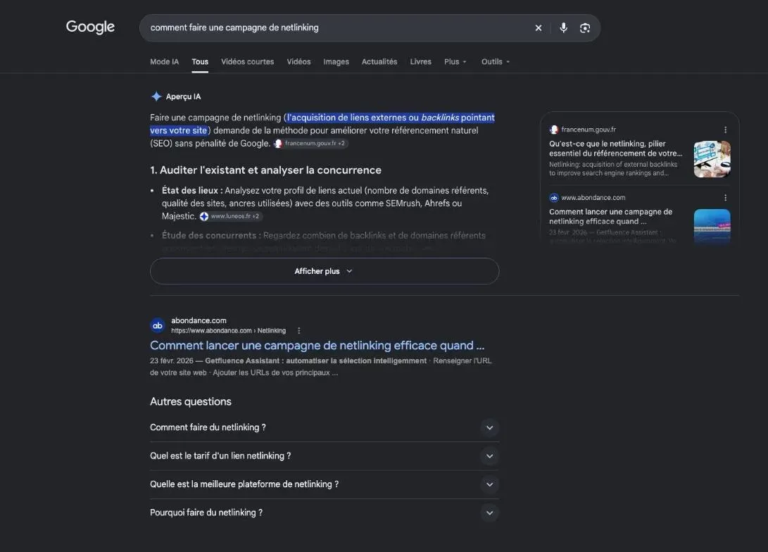 Résultats de Google pour la recherche « comment faire une campagne de netlinking »