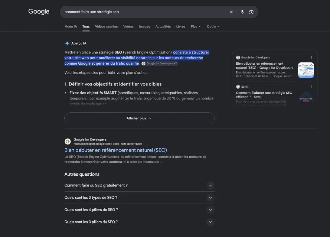 Résultats de Google pour la recherche « comment faire une stratégie seo »