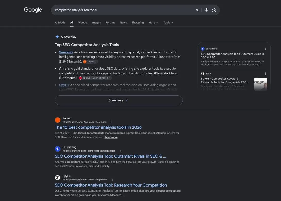 Google results for the search "competitor analysis seo tools"