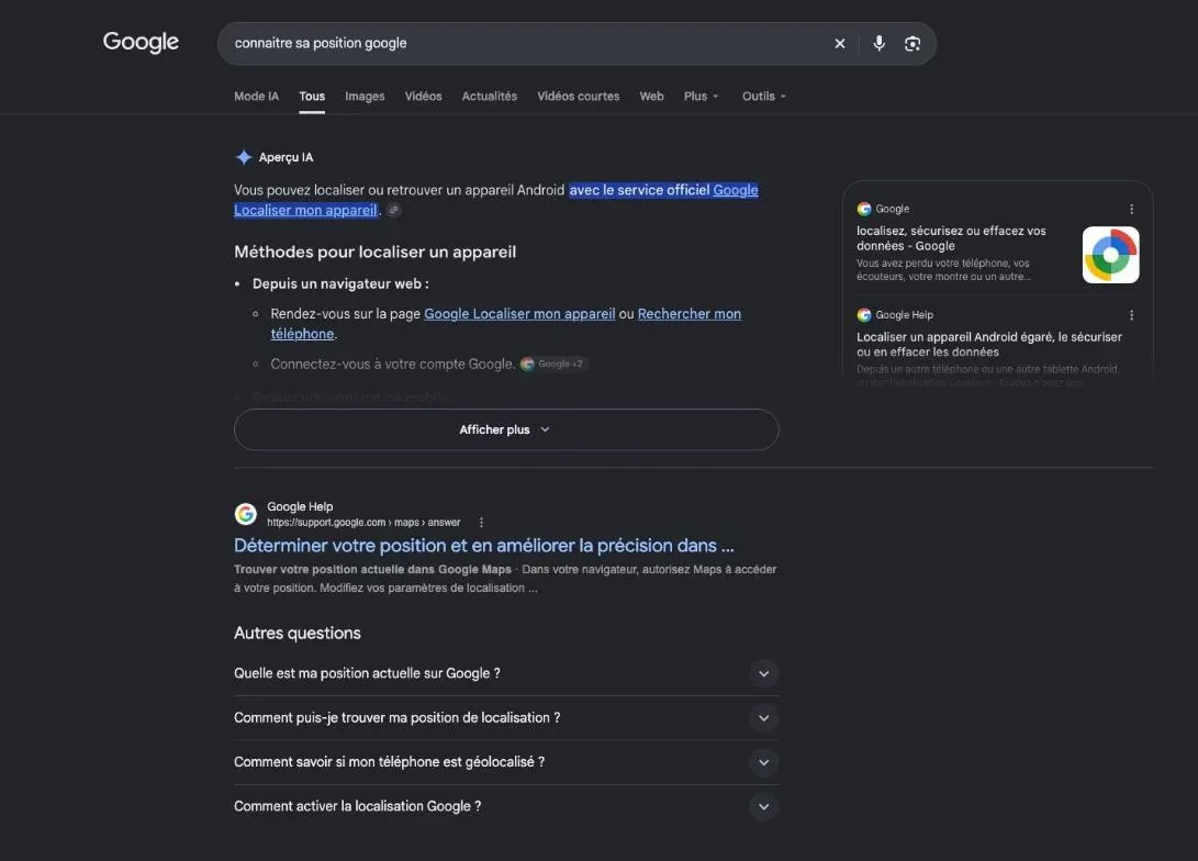 Première page de Google pour une recherche sur la position, entre sites et localisation