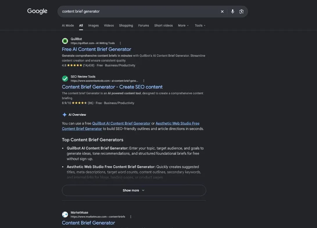 Google results for the search "content brief generator"