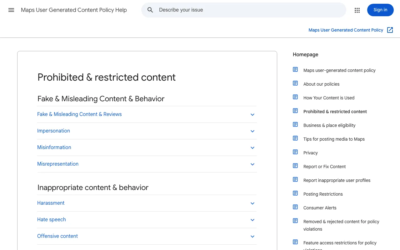 Google Maps user content policy page on prohibited content and fake engagement