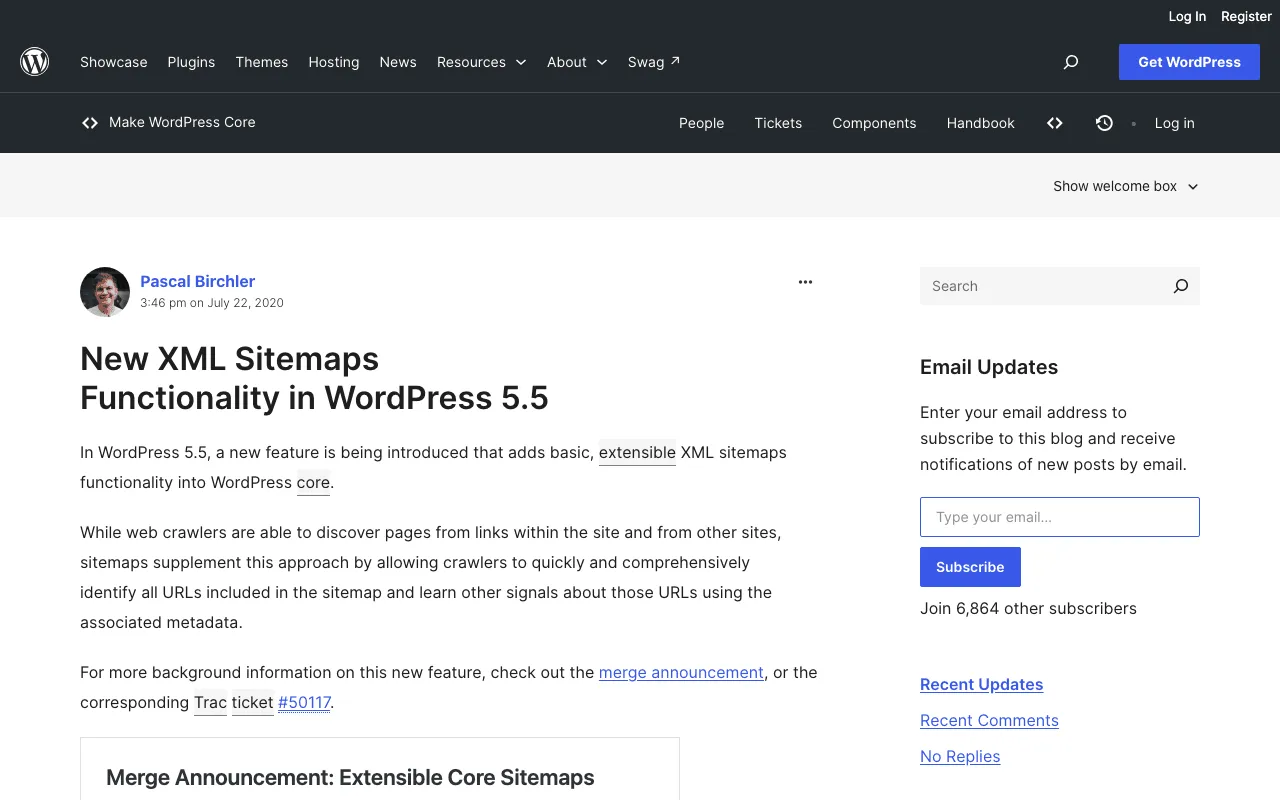WordPress core announcement introducing the built-in XML sitemap at wp-sitemap.xml