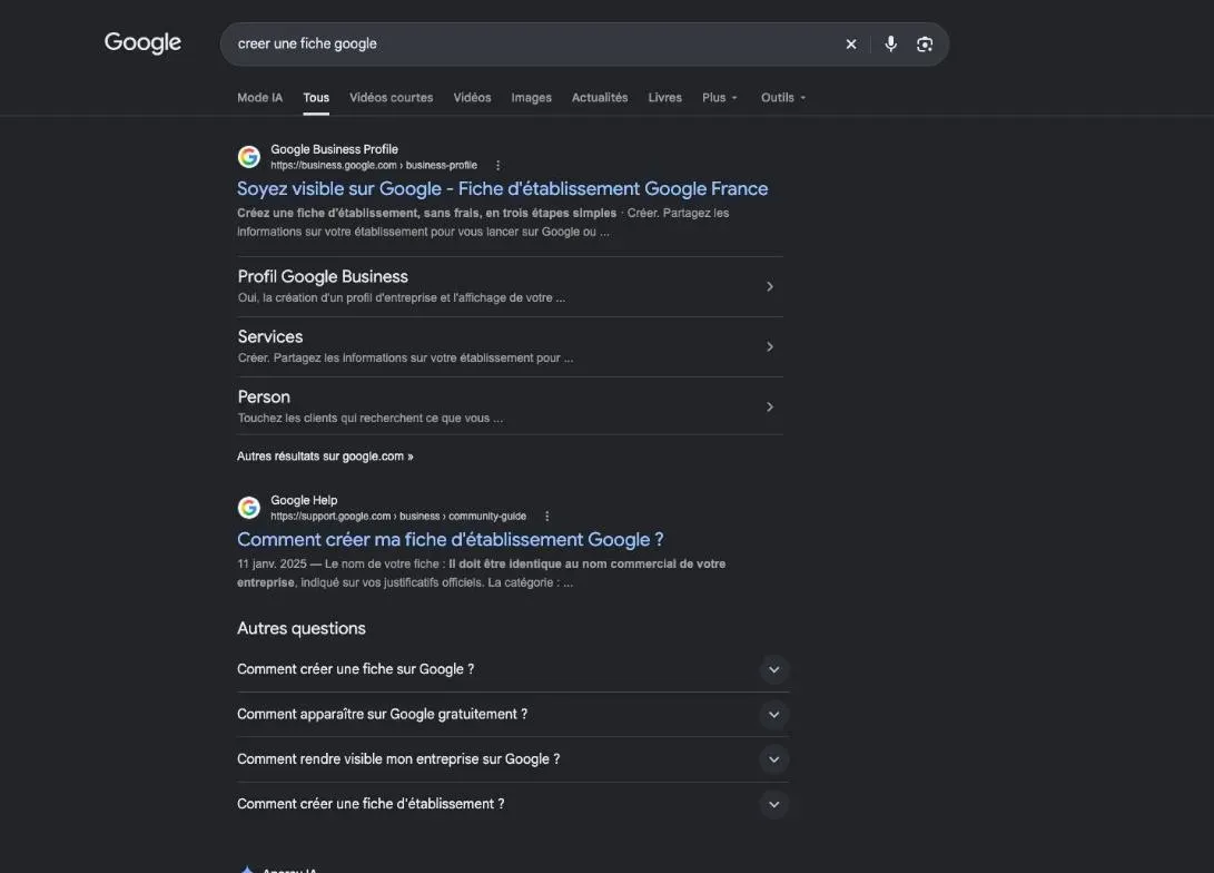 Résultats de Google pour la recherche « creer une fiche google »