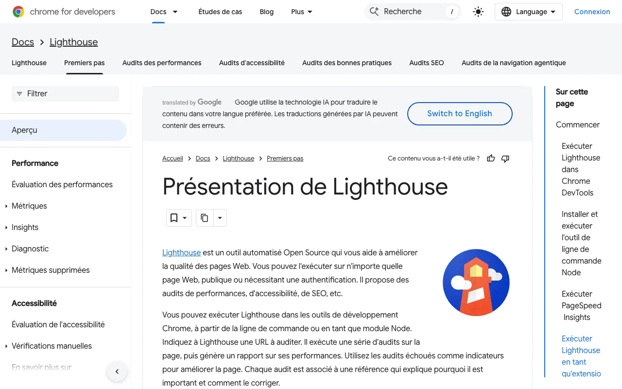 Documentation de Lighthouse, outil automatisé qui audite la performance et l'accessibilité des pages