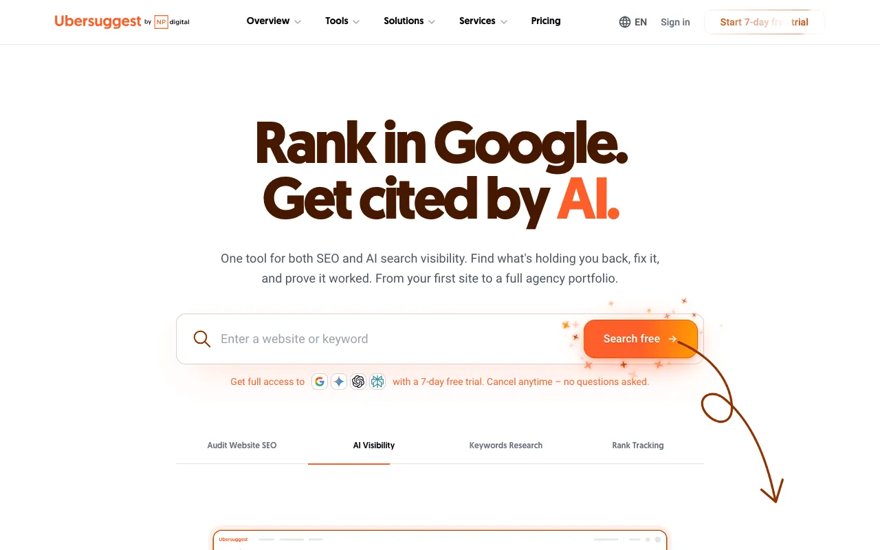 Ubersuggest home page with the keyword search box at the top