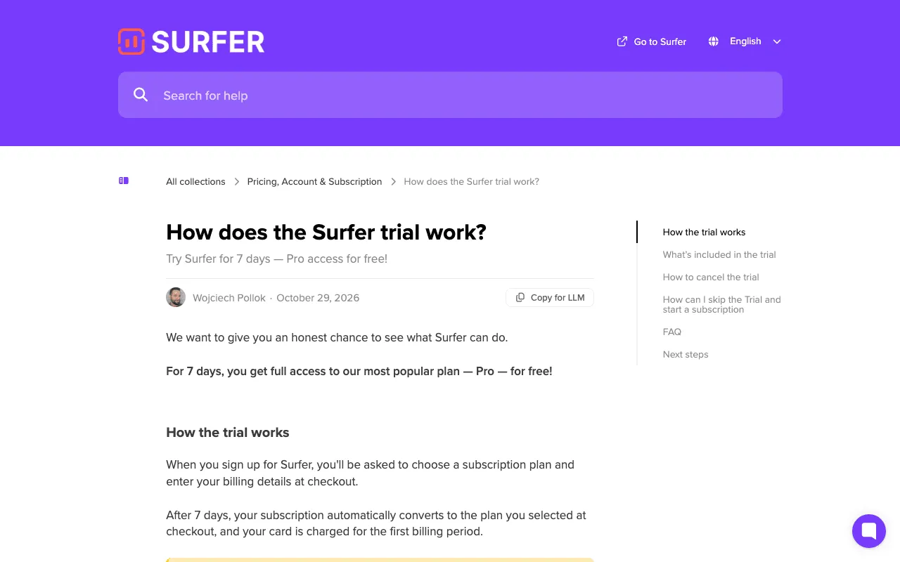 Surfer help article explaining how the trial works and when the card is charged