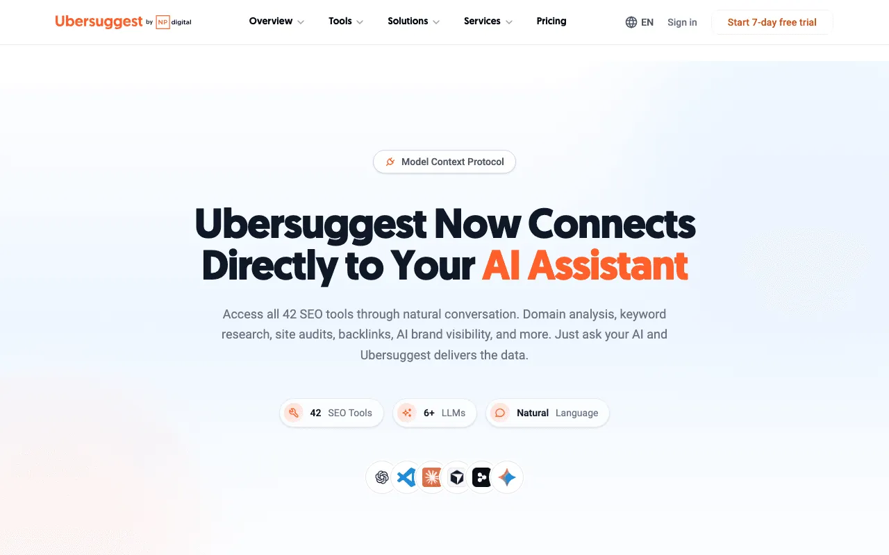 Ubersuggest MCP page explaining how AI tools connect to Ubersuggest data