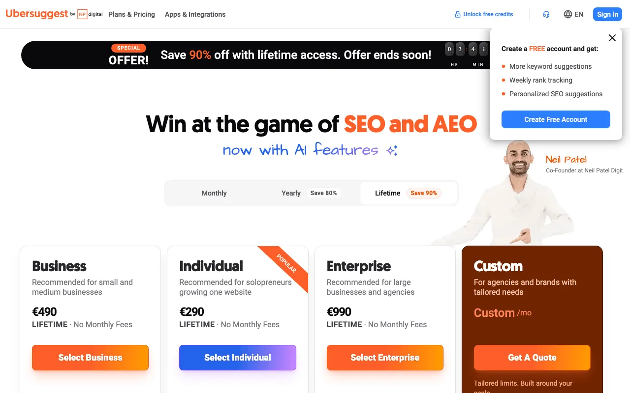 Ubersuggest pricing page in English with its Individual and Business plans