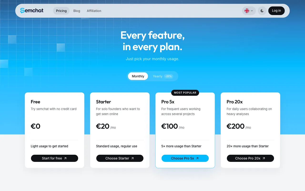 SemChat pricing on the official English page: Free, Starter and Pro plans