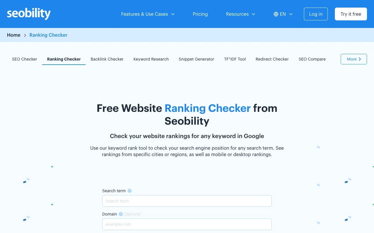Seobility free Ranking Checker page where you test one keyword for a site