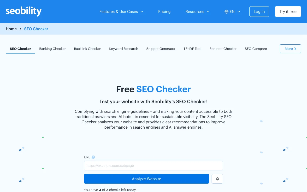 Seobility free SEO Checker page where you enter a web address to test