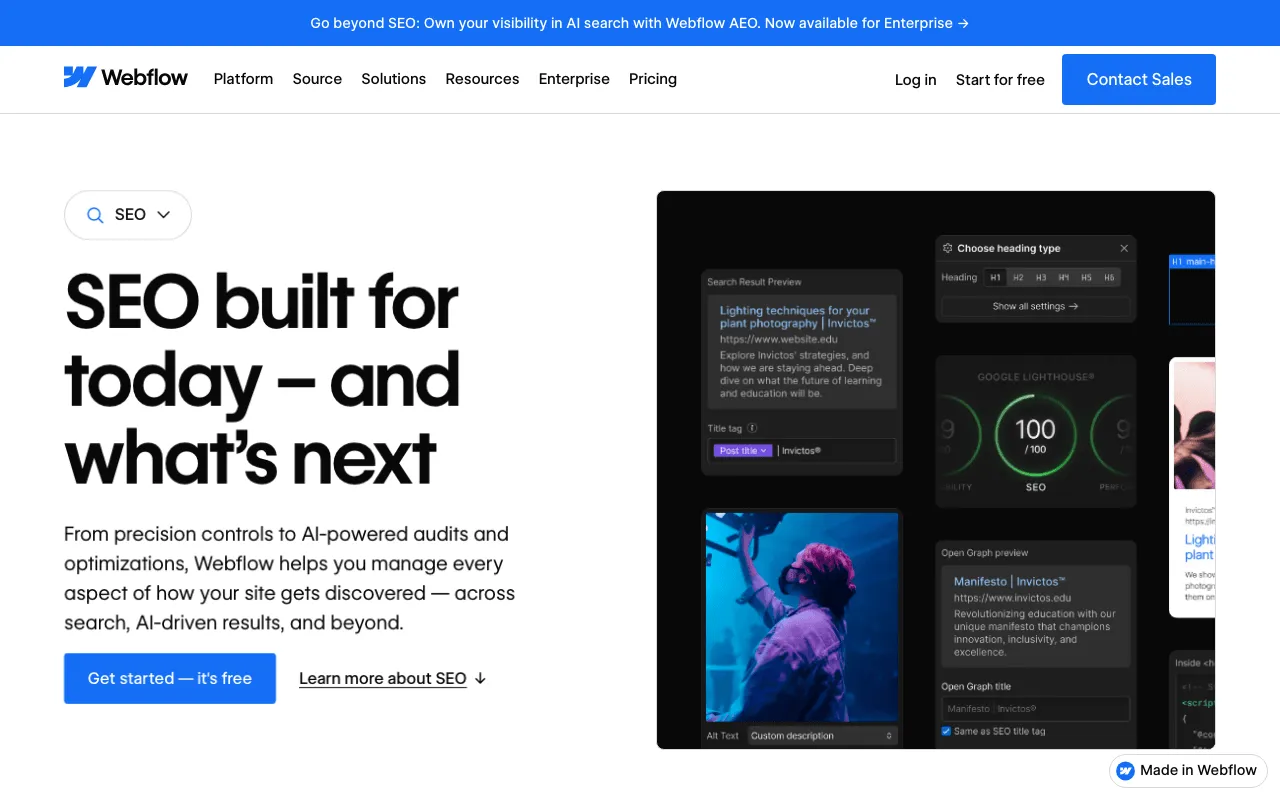 Webflow SEO : page publique de Webflow qui présente ses outils de référencement intégrés