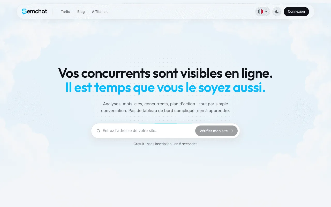 Page d'accueil du site officiel de SemChat avec le bouton de création de compte