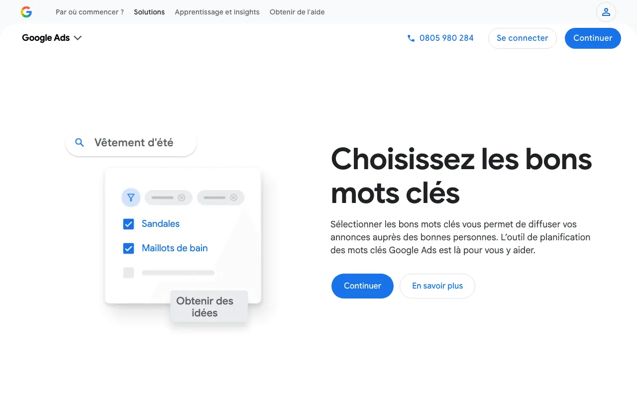 Page officielle du planificateur de mots-clés de Google Ads, outil de recherche de mots-clés