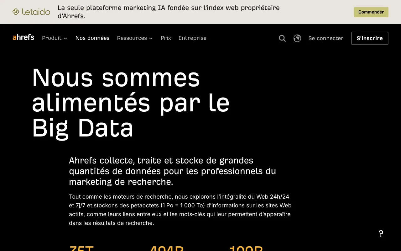Page Big Data d’Ahrefs qui décrit son index de liens et sa mise à jour