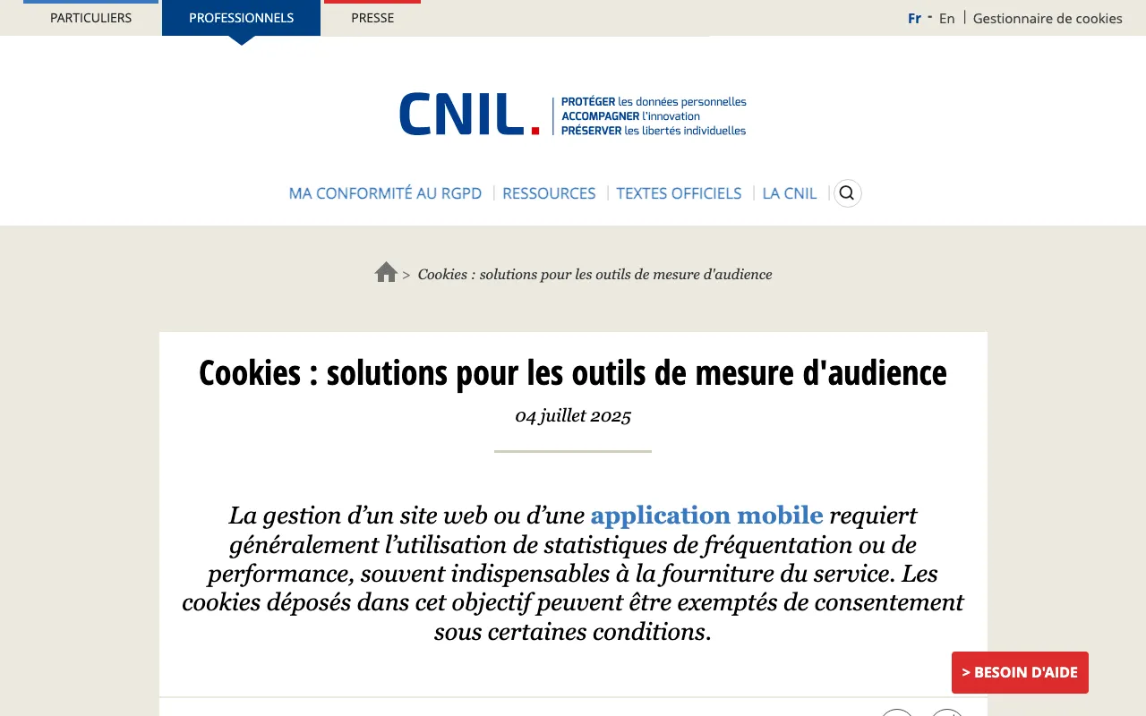 Page de la CNIL sur les cookies des outils de mesure d'audience et leur exemption